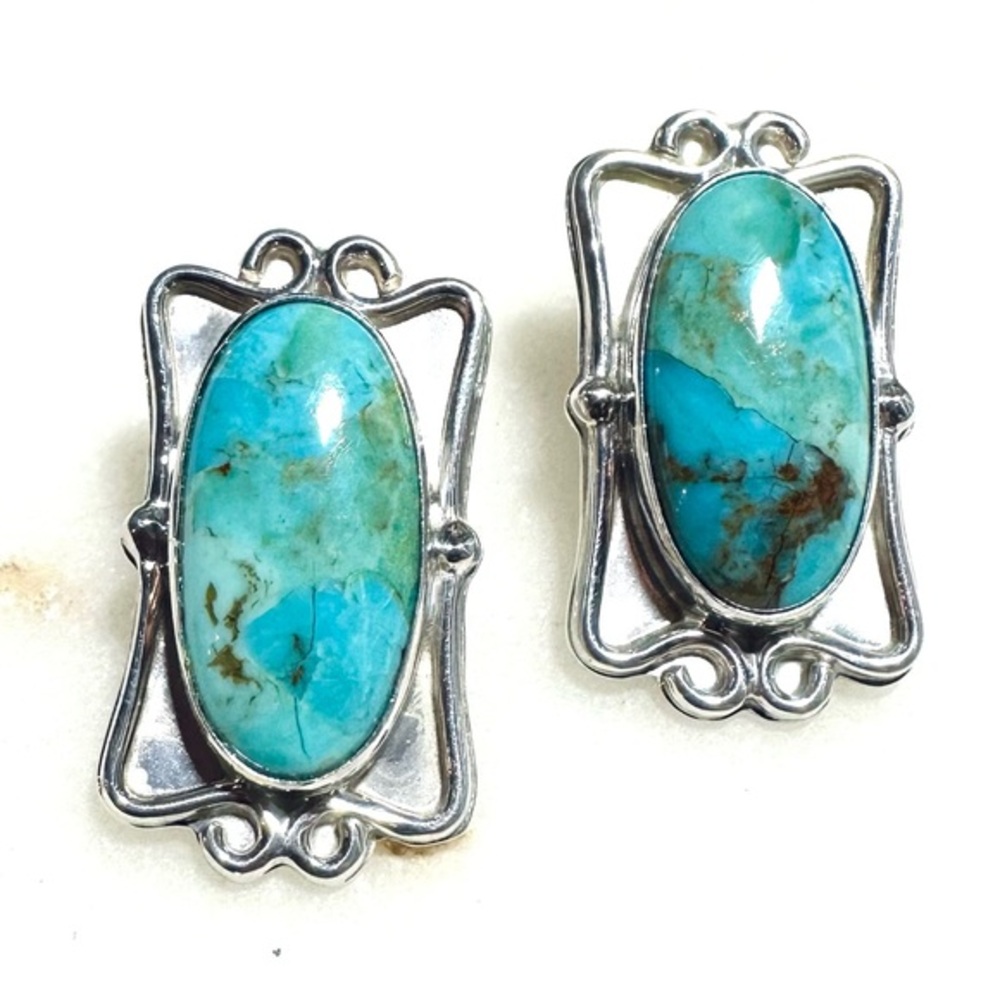Jay King Turquoise Cabochon Scrollwork Sterling Silver Post Earrings